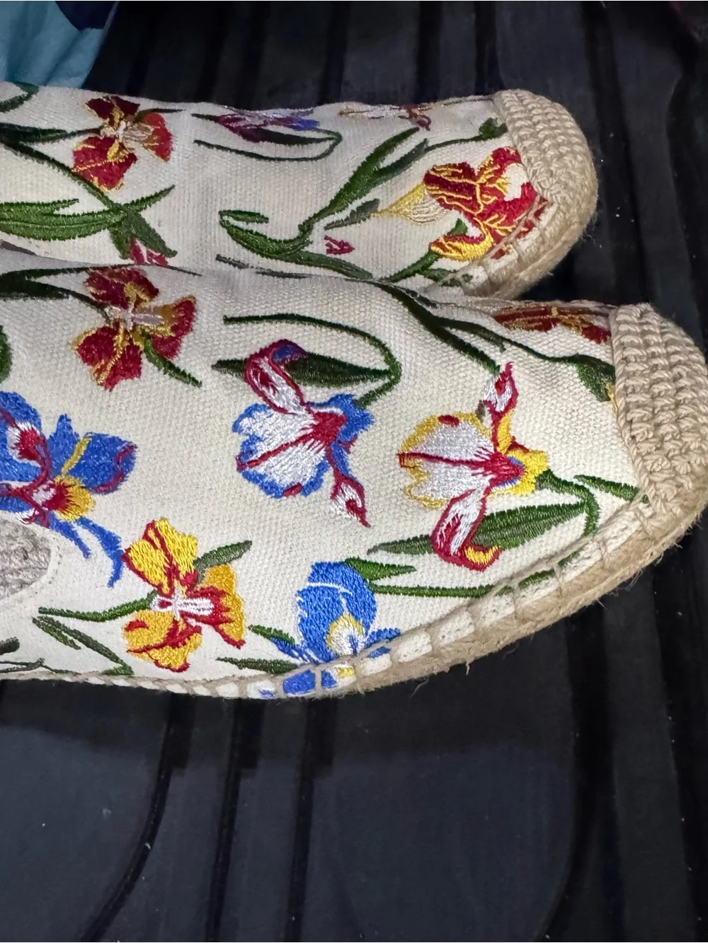 Tory Burch Cream Canvas Floral Embroidered Espadrille Slip-On